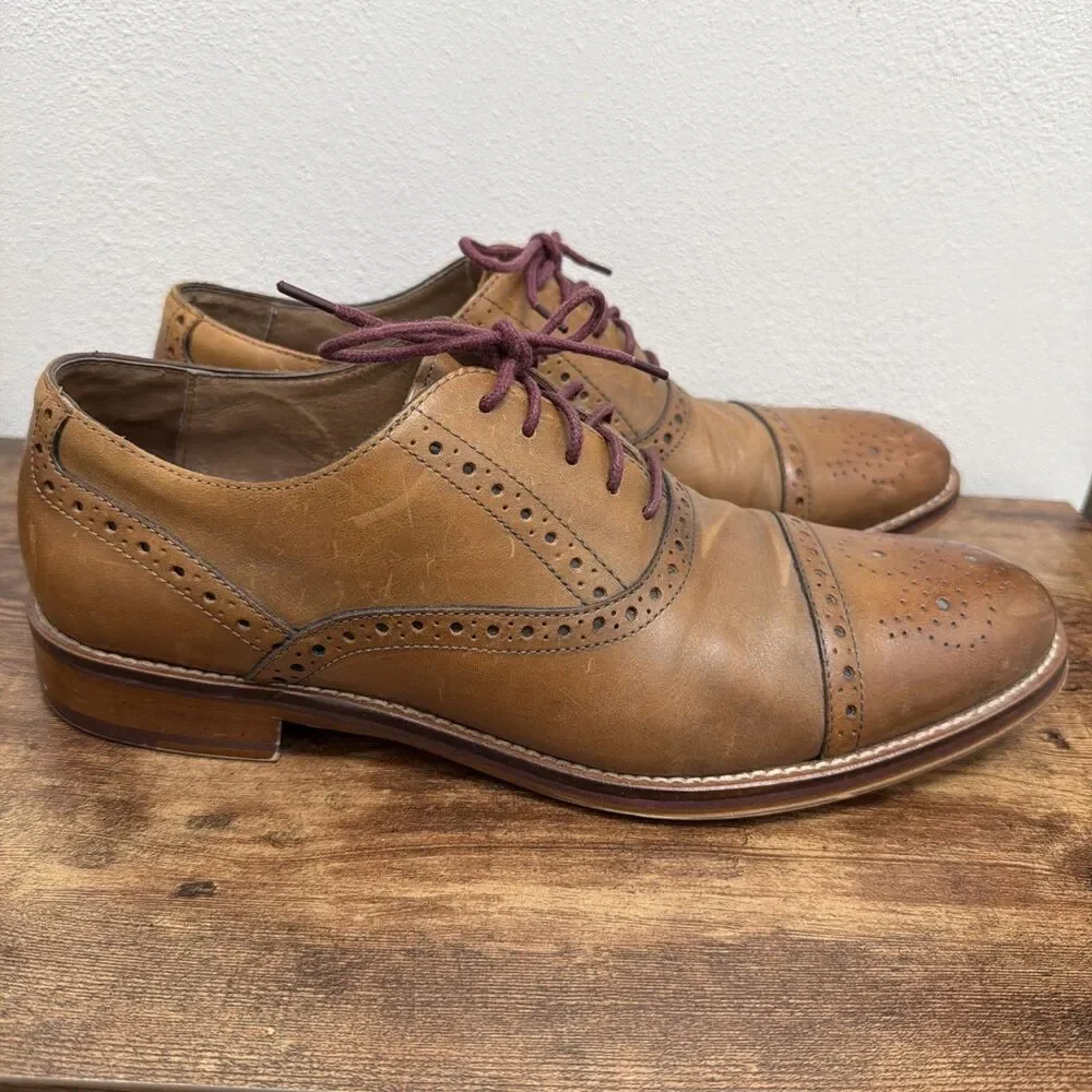 Johnston & Murphy Tan Leather Wingtip Oxfords with Burgundy Laces